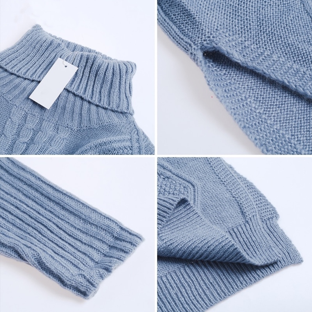 Blue Cable Knit Turtleneck Side Slit Sweater - Picture 7 of 8